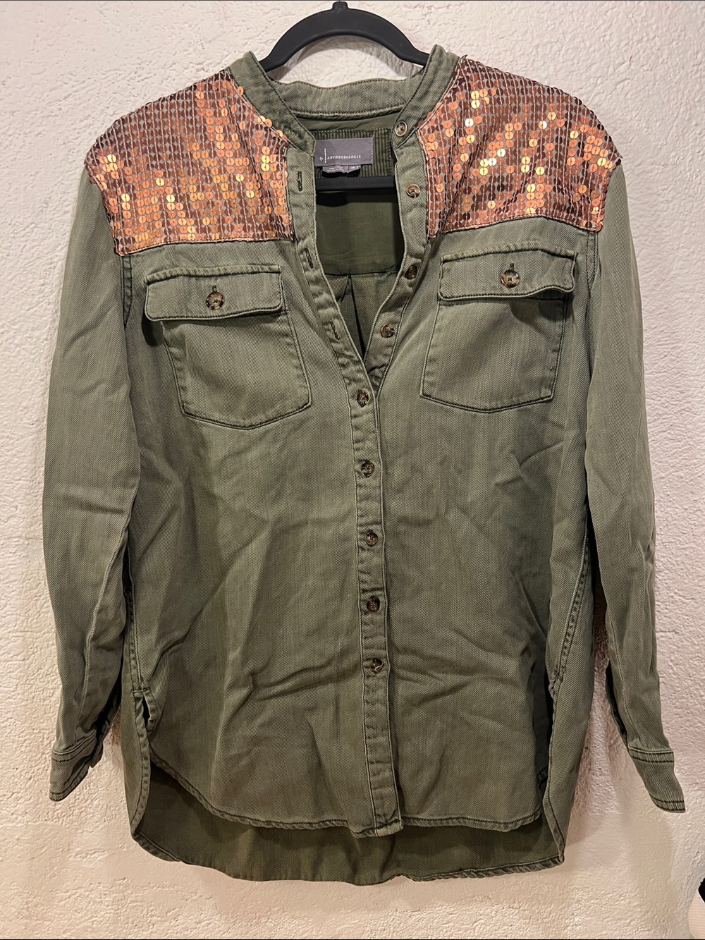 Anthropologie Olive Utility Jacket with Copper Sequin Shoulders